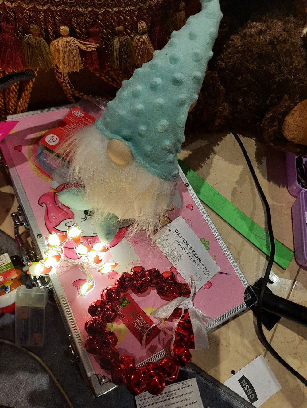 NWT Plush Holiday Gnome Teal red wht Jingle Bells Wreath Gnome LED String Lights